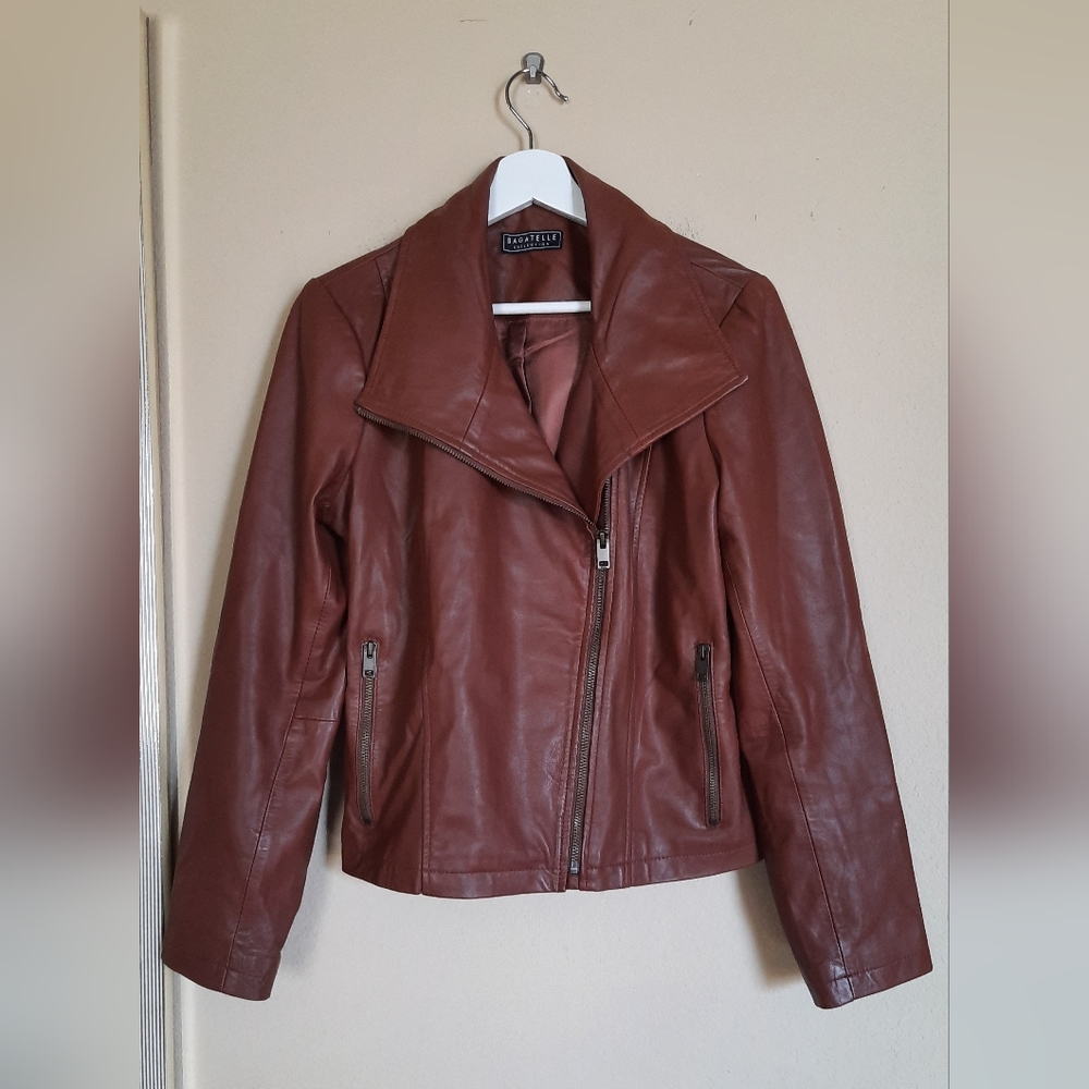 Bagatelle Brown Leather Moto Jacket Edgy Biker Chic Minimalist